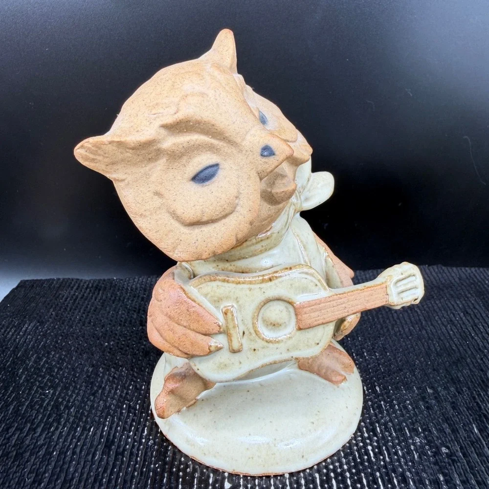 Vintage‎ UC Japan Ceramic Owl Figurine Playing Guitar Whimsical Pottery Decor